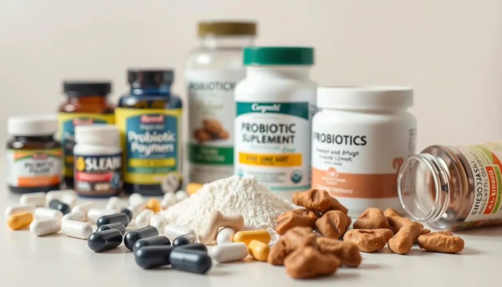 A well-lit, close-up photograph of various probiotic supplements for dogs, arranged neatly on a clean, light-colored surface. The supplements should be in different forms, such as capsules, powders, and chews, showcasing the diversity of available options. The image should have a crisp, professional appearance, with a shallow depth of field to emphasize the products. The lighting should be soft and diffused, creating a warm, inviting atmosphere. The overall composition should convey a sense of safety, reliability, and attention to detail, reflecting the "safe dosing" aspect of the topic. A well-lit, close-up photograph of various probiotic supplements for dogs, arranged neatly on a clean, light-colored surface. The supplements should be in different forms, such as capsules, powders, and chews, showcasing the diversity of available options. The image should have a crisp, professional appearance, with a shallow depth of field to emphasize the products. The lighting should be soft and diffused, creating a warm, inviting atmosphere. The overall composition should convey a sense of safety, reliability, and attention to detail, reflecting the "safe dosing" aspect of the topic.