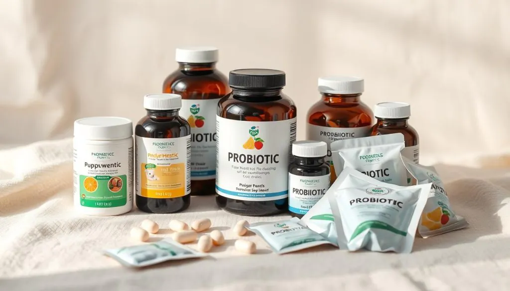 A well-lit, closeup product shot of an assortment of high-quality probiotic supplements for puppies, arranged artfully on a soft, neutral-colored surface. The supplements are displayed in various containers like bottles, jars, and sachets, showcasing their diverse forms. The scene conveys a sense of health, purity, and quality, with a crisp, clean aesthetic that aligns with the topic of the article. The lighting is soft and diffused, creating gentle shadows and highlights that accentuate the product details. The angle is slightly elevated, providing an inviting, almost eye-level perspective. A well-lit, closeup product shot of an assortment of high-quality probiotic supplements for puppies, arranged artfully on a soft, neutral-colored surface. The supplements are displayed in various containers like bottles, jars, and sachets, showcasing their diverse forms. The scene conveys a sense of health, purity, and quality, with a crisp, clean aesthetic that aligns with the topic of the article. The lighting is soft and diffused, creating gentle shadows and highlights that accentuate the product details. The angle is slightly elevated, providing an inviting, almost eye-level perspective.