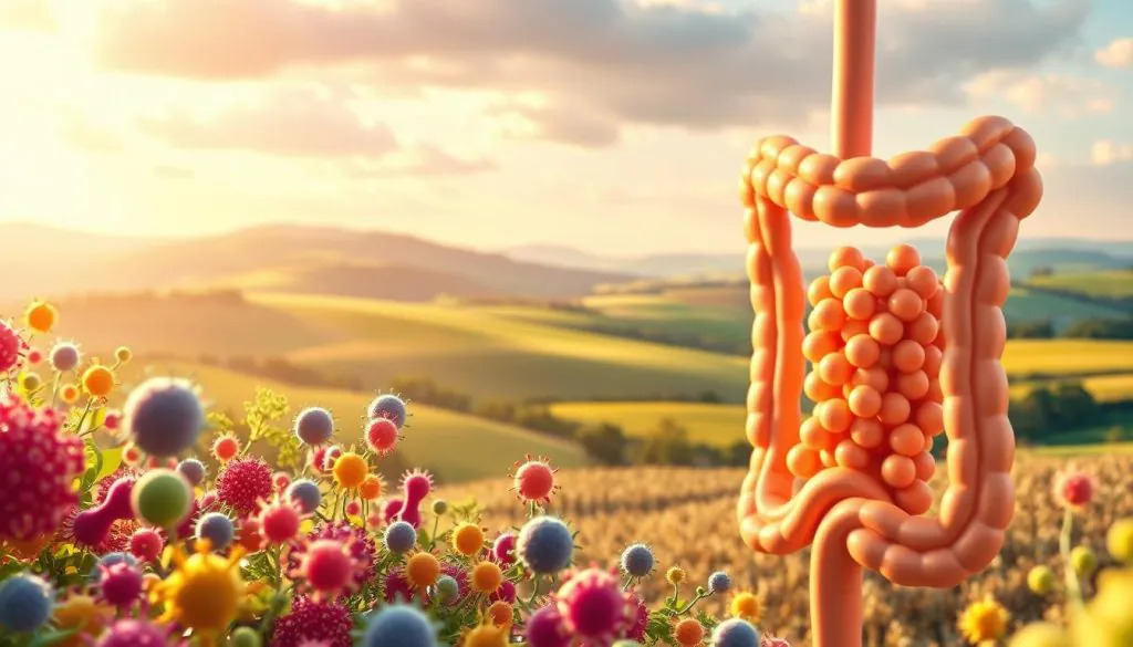 A well-lit, detailed illustration showcasing a healthy gut microbiome. In the foreground, vibrant probiotic bacteria colonies flourish, their shapes and colors suggesting diverse microbial life. The middle ground features a cross-section of the intestinal tract, with smooth muscle walls and a lush, velvety mucosal lining. In the background, a soothing landscape of rolling hills and verdant fields symbolizes the harmonious relationship between gut health and overall wellness. The scene is illuminated by warm, natural lighting, capturing the balance and vitality of a thriving digestive system.