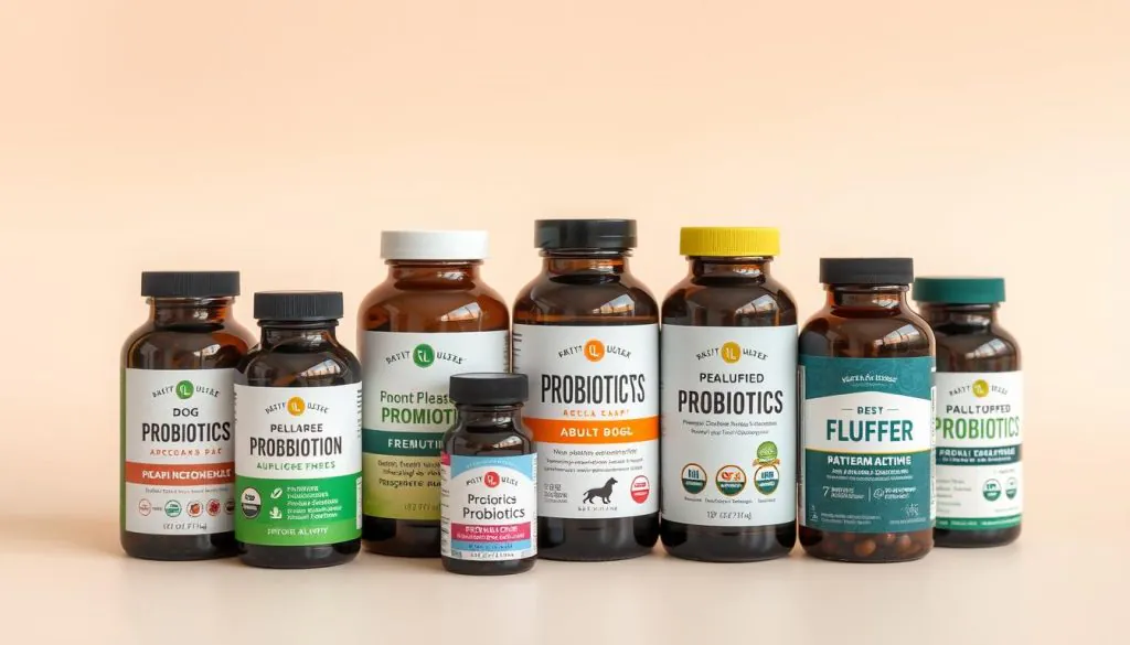 A well-lit, high-quality photograph of an assortment of probiotics supplements for adult dogs, arranged neatly on a clean, neutral-colored background. The products should be clearly visible, showcasing their bottles, labels, and key ingredients. Capture the supplements from a frontal angle, using a shallow depth of field to emphasize the focal point. The lighting should be soft and even, creating a professional, appealing atmosphere. The overall composition should be balanced and visually appealing, highlighting the diverse range of probiotics options available for mature canine companions. A well-lit, high-quality photograph of an assortment of probiotics supplements for adult dogs, arranged neatly on a clean, neutral-colored background. The products should be clearly visible, showcasing their bottles, labels, and key ingredients. Capture the supplements from a frontal angle, using a shallow depth of field to emphasize the focal point. The lighting should be soft and even, creating a professional, appealing atmosphere. The overall composition should be balanced and visually appealing, highlighting the diverse range of probiotics options available for mature canine companions.