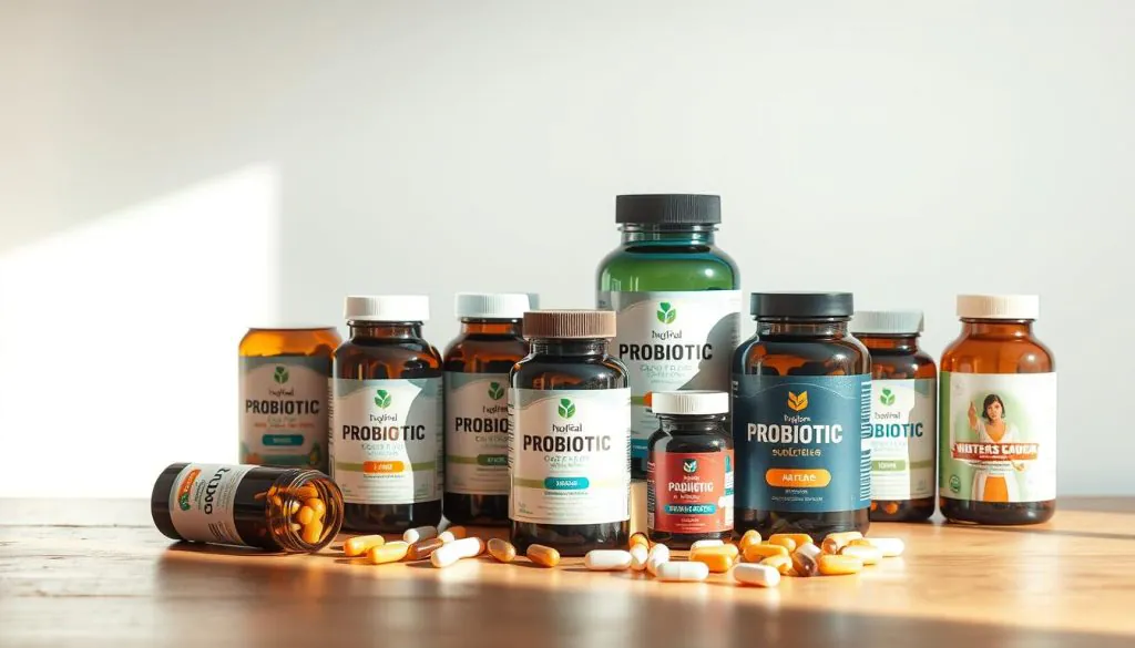A well-lit still life composition featuring an assortment of probiotic supplements in glass bottles and capsules, arranged on a wooden table against a clean, white background. The bottles should display various labels and designs, conveying a sense of high-quality, premium supplements. Soft, directional lighting from the side gently accentuates the textures and shapes of the products, creating a calming, clinical atmosphere. The arrangement should be visually balanced and aesthetically pleasing, highlighting the diversity of probiotic options available to the viewer.