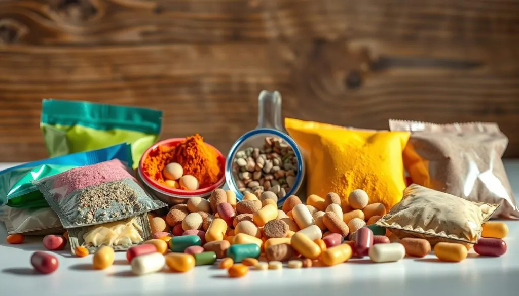A well-lit still life scene depicting an arrangement of various pet supplement forms. In the foreground, an array of vibrant powder sachets, chews, and capsules in an array of colors and shapes. In the middle ground, a sleek glass container with a scoop of powder and a few soft chews spilling out. In the background, a backdrop of natural textures like wood or stone, creating a warm, inviting atmosphere. The lighting is soft and directional, casting gentle shadows that accentuate the three-dimensional forms. The composition is balanced and visually appealing, showcasing the diversity of supplement options for dogs of all ages. A well-lit still life scene depicting an arrangement of various pet supplement forms. In the foreground, an array of vibrant powder sachets, chews, and capsules in an array of colors and shapes. In the middle ground, a sleek glass container with a scoop of powder and a few soft chews spilling out. In the background, a backdrop of natural textures like wood or stone, creating a warm, inviting atmosphere. The lighting is soft and directional, casting gentle shadows that accentuate the three-dimensional forms. The composition is balanced and visually appealing, showcasing the diversity of supplement options for dogs of all ages.