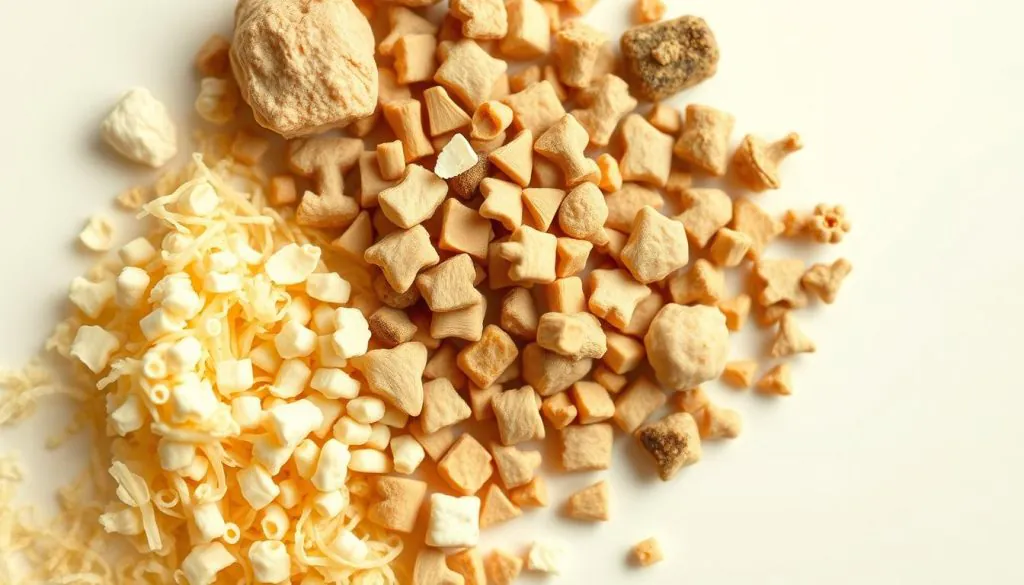 Detailed close-up of various prebiotic fibers and compounds against a clean, minimalist background. Soft, warm lighting illuminates the textures and structures of the prebiotics, including inulin, galacto-oligosaccharides, and resistant starches. The composition emphasizes the interconnected, symbiotic nature of these gut-supporting nutrients, conveying a sense of harmony and balance essential for a healthy microbiome. Crisp focus and a shallow depth of field draw the viewer's attention to the intricate details of the prebiotics, inviting deeper examination and appreciation of their role in canine digestive wellness. Detailed close-up of various prebiotic fibers and compounds against a clean, minimalist background. Soft, warm lighting illuminates the textures and structures of the prebiotics, including inulin, galacto-oligosaccharides, and resistant starches. The composition emphasizes the interconnected, symbiotic nature of these gut-supporting nutrients, conveying a sense of harmony and balance essential for a healthy microbiome. Crisp focus and a shallow depth of field draw the viewer's attention to the intricate details of the prebiotics, inviting deeper examination and appreciation of their role in canine digestive wellness.