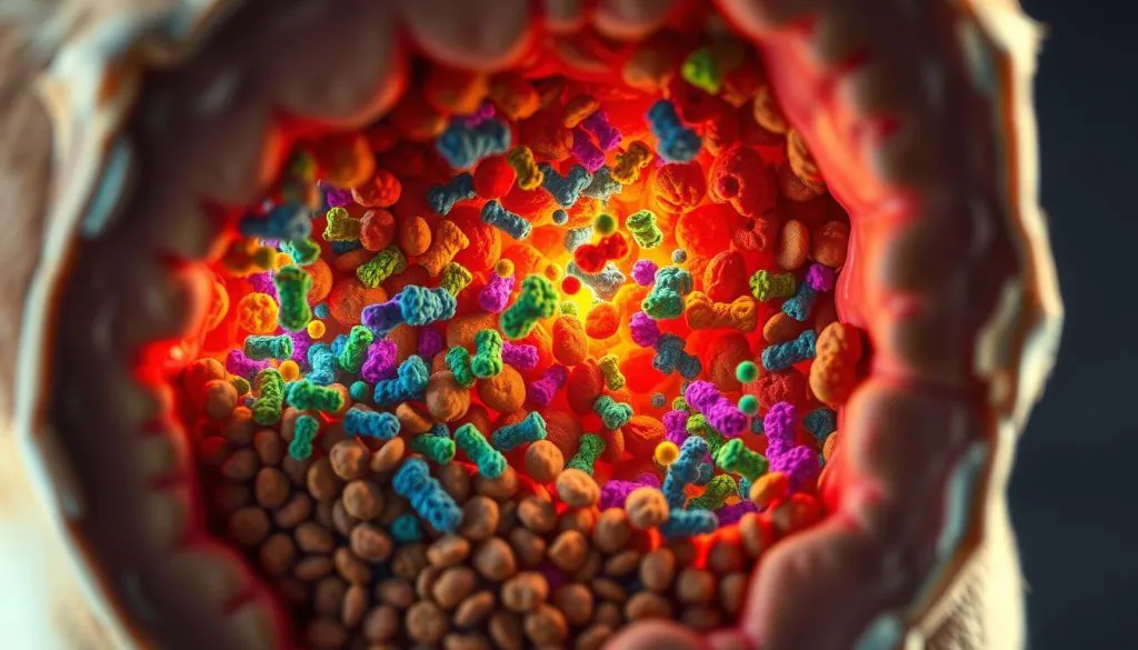 Detailed cross-section of a dog's gut microbiome, with an array of colorful bacterial colonies and microorganisms thriving within a kibble-filled intestinal tract. Illuminated by soft, diffused lighting from above, showcasing the intricate ecosystem of gut flora. Rendered in a highly detailed, scientific illustration style using a wide depth of field to capture the layered complexity. Vibrant hues of blues, greens, and purples dominate, complemented by the earthy tones of the digestive matter. The composition emphasizes the intimate relationship between diet and the delicate microbial balance within a canine's digestive system.