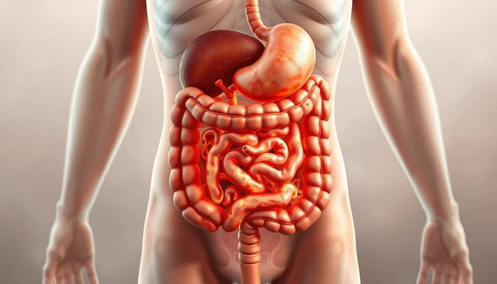Digestive red flags gut: A detailed, anatomical illustration depicting the inner workings of a human digestive system, highlighting potential warning signs and irregularities. Centered in the frame, a cross-section of the gastrointestinal tract is shown in vivid, lifelike detail, rendered in a realistic, medical illustration style. The foreground showcases inflamed areas, areas of discoloration, and other visual indicators of digestive distress. The middle ground delves deeper, revealing the complex network of organs, tissues, and systems involved in digestion. The background provides additional context, with subtle, muted tones and textures suggesting the broader physiological environment. Soft, directional lighting casts subtle shadows, emphasizing the three-dimensional nature of the illustration. Overall, the image conveys a sense of educational clarity and clinical precision, designed to effectively communicate the key "digestive red flags" the article aims to highlight.