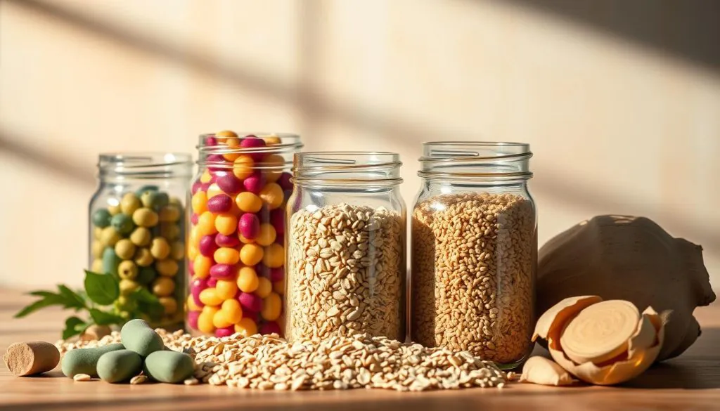 Probiotics, prebiotics, and their harmonious balance. A serene scene showcasing glass jars filled with vibrant probiotic cultures and prebiotic-rich ingredients like oats, wheat bran, and Jerusalem artichokes. Soft, natural lighting illuminates the arrangement, casting gentle shadows and highlighting the organic textures. In the background, a soothing gradient of earthy tones, evoking the nourishing, gut-friendly properties of these essential elements. The overall composition conveys a sense of balance, wellness, and the synergistic relationship between these complementary gut health boosters.
